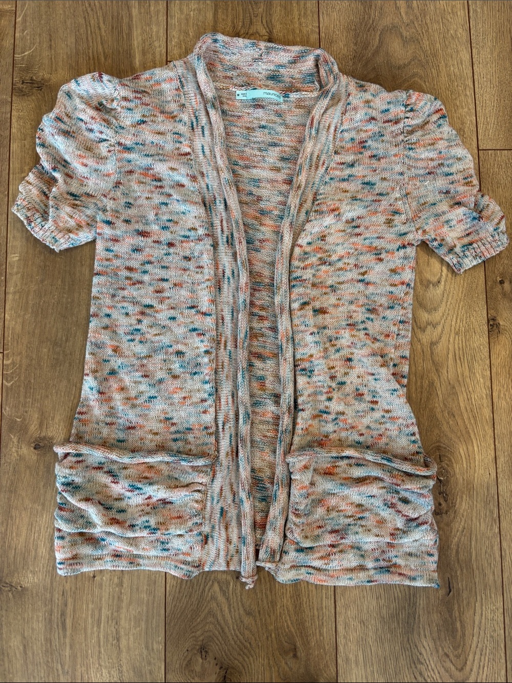 Maurices Speckled Peach and Blue Short-Sleeve Open Cardigan